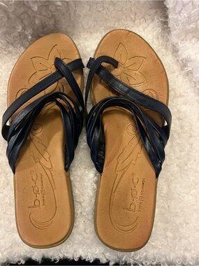 b.o.c. Navy Multi-Strap Leather Slide Sandals with Tan Footbed